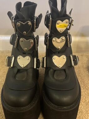 Demonia Black Platform Heart-Buckle Boots